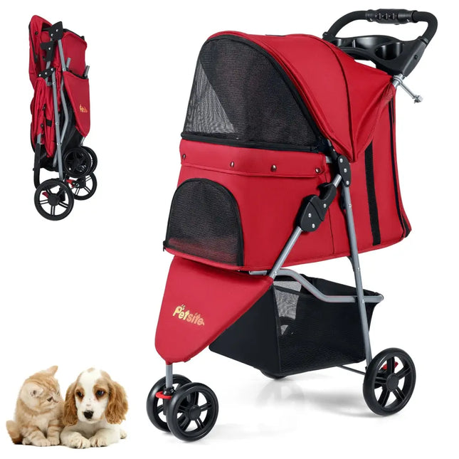 One-Click Folding Pet Stroller Lightweight Cat Strolling Cart with Adjustable Canopy-Red - Red - Dog Supplies