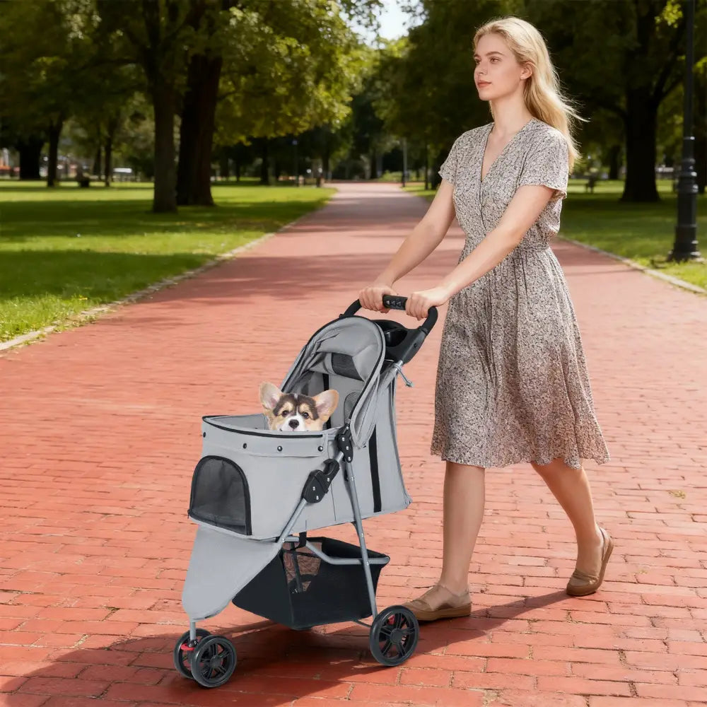One-Click Folding Pet Stroller Lightweight Cat Strolling Cart with Adjustable Canopy-Gray - Gray - Dog Supplies