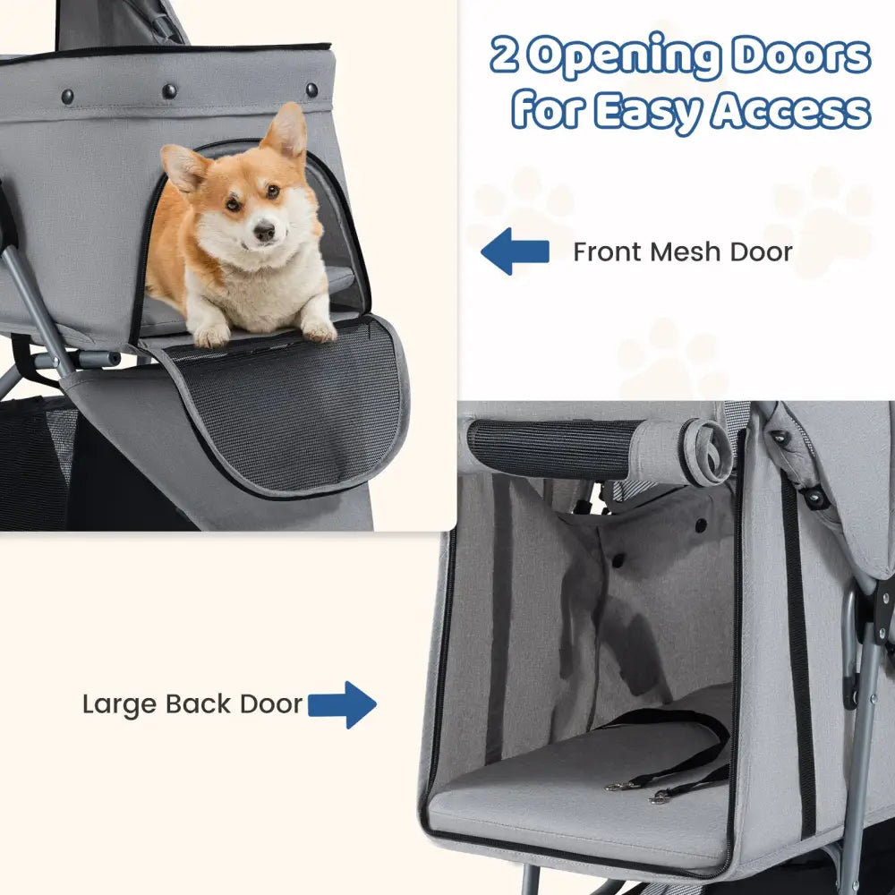 One-Click Folding Pet Stroller Lightweight Cat Strolling Cart with Adjustable Canopy-Gray - Gray - Dog Supplies