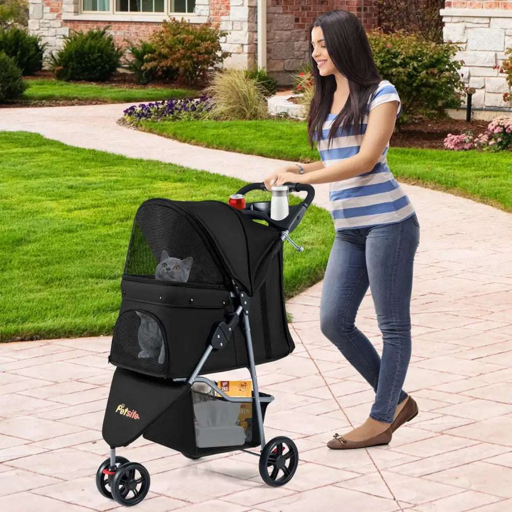 One-Click Folding Pet Stroller Lightweight Cat Strolling Cart with Adjustable Canopy-Black - Black - Dog Supplies