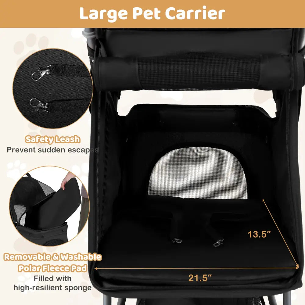 One-Click Folding Pet Stroller Lightweight Cat Strolling Cart with Adjustable Canopy-Black - Black - Dog Supplies