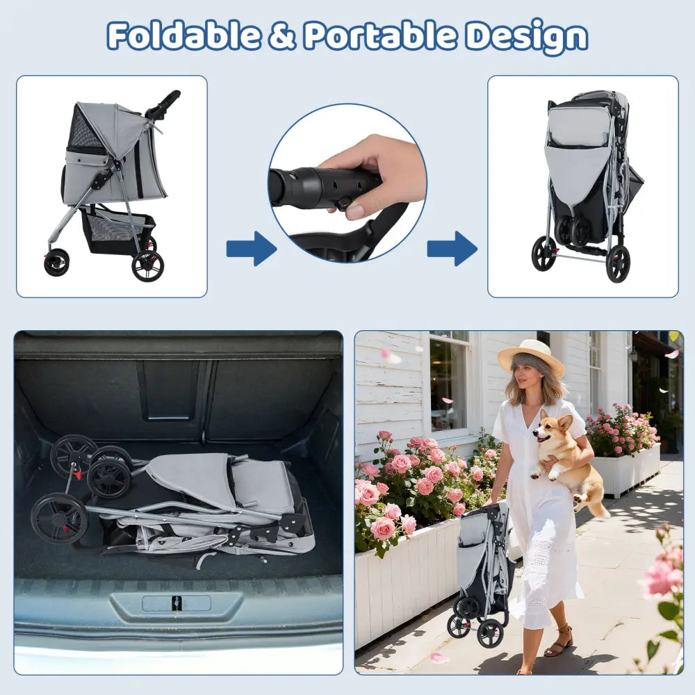 One-Click Folding Pet Stroller Lightweight Cat Strolling Cart with Adjustable Canopy-Gray - Gray - Dog Supplies