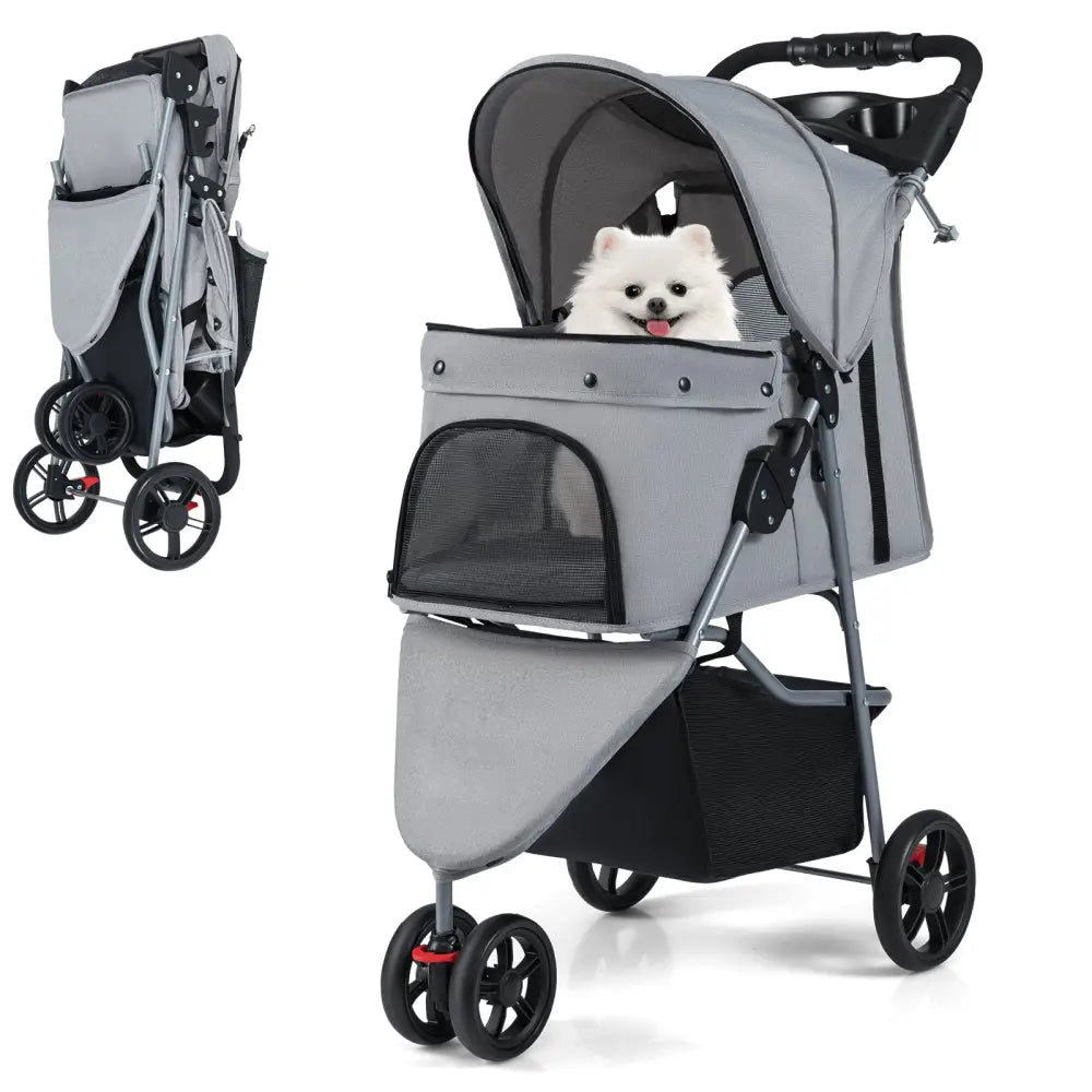 One-Click Folding Pet Stroller Lightweight Cat Strolling Cart with Adjustable Canopy-Gray - Gray - Dog Supplies