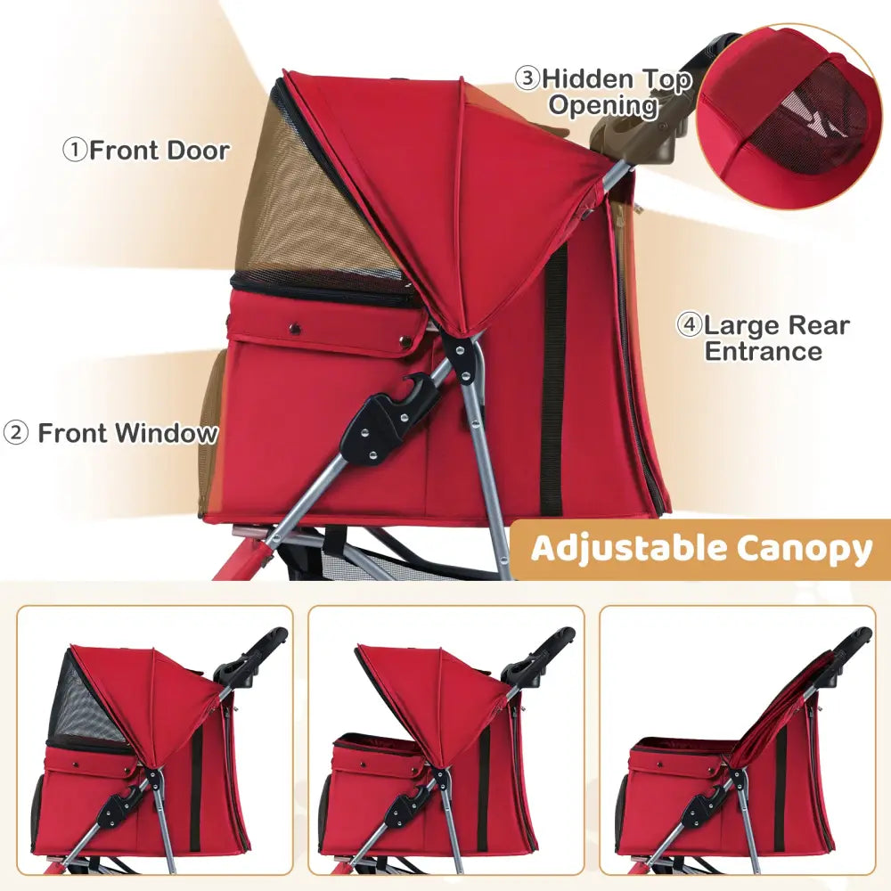 One-Click Folding Pet Stroller Lightweight Cat Strolling Cart with Adjustable Canopy-Red - Red - Dog Supplies