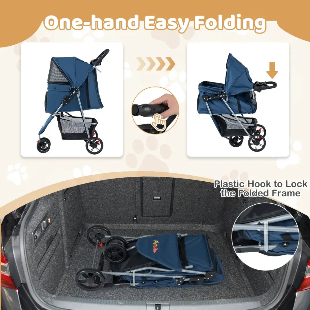 One-Click Folding Pet Stroller Lightweight Cat Strolling Cart with Adjustable Canopy-Navy - Navy - Dog Supplies