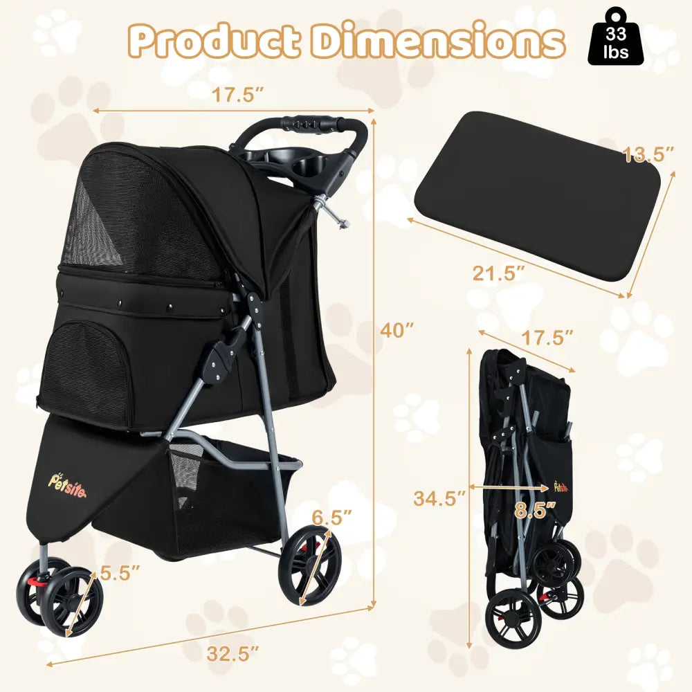 One-Click Folding Pet Stroller Lightweight Cat Strolling Cart with Adjustable Canopy-Black - Black - Dog Supplies