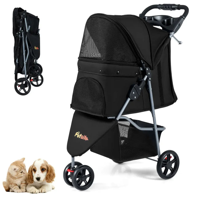 One-Click Folding Pet Stroller Lightweight Cat Strolling Cart with Adjustable Canopy-Black - Black - Dog Supplies