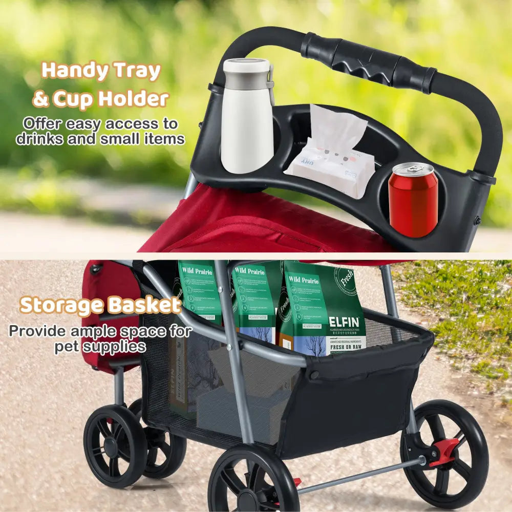 One-Click Folding Pet Stroller Lightweight Cat Strolling Cart with Adjustable Canopy-Red - Red - Dog Supplies