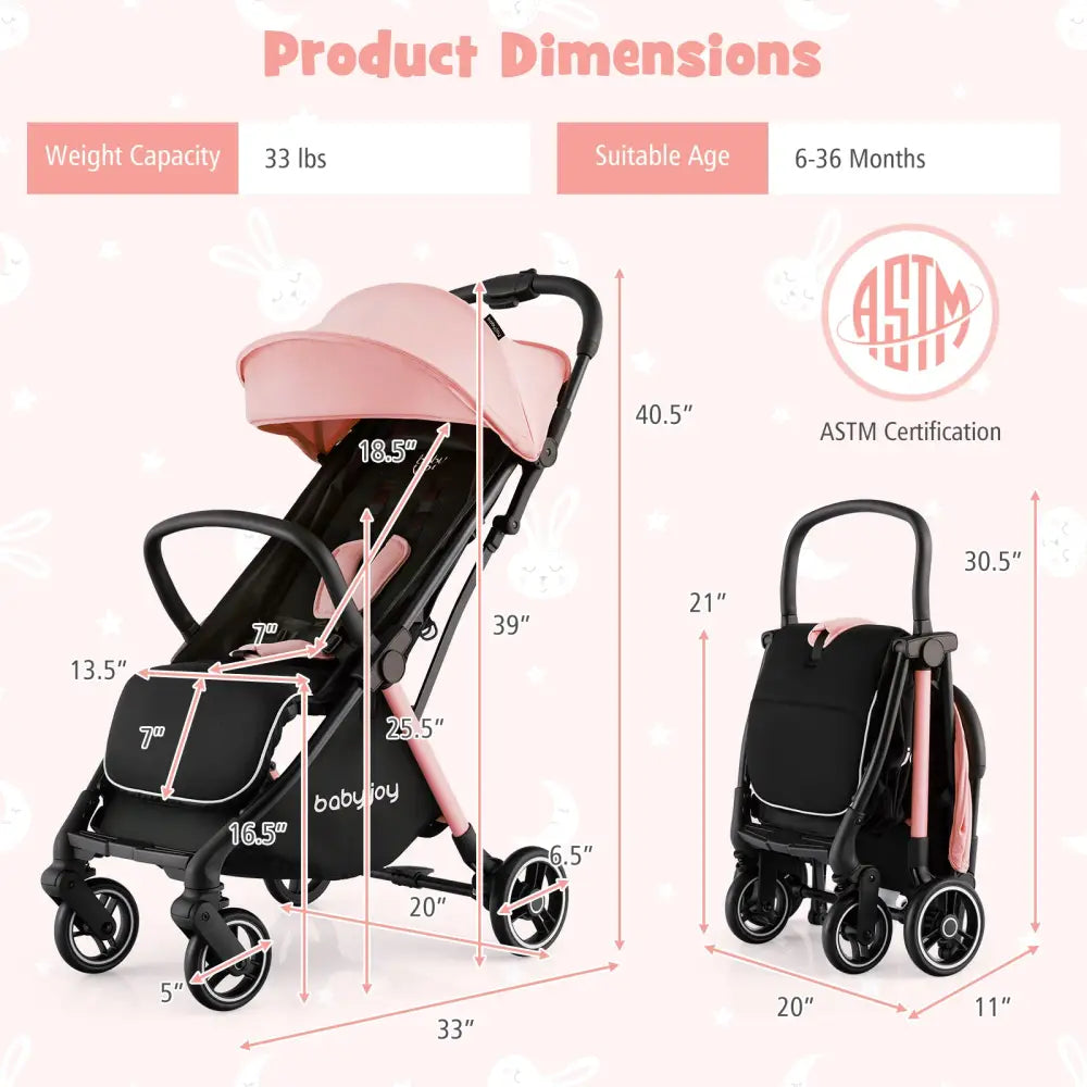 One-Hand Folding Portable Lightweight Stroller with Aluminum Frame - Pink - Baby Strollers