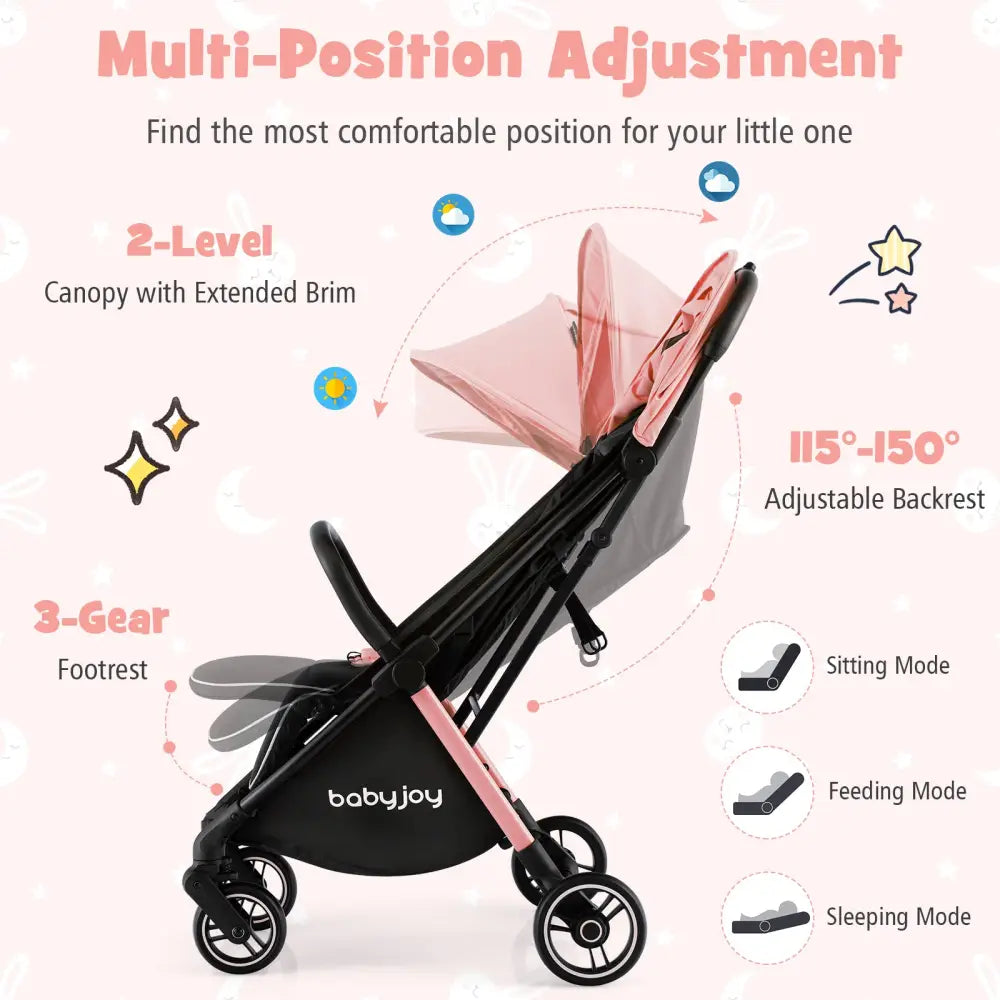 One-Hand Folding Portable Lightweight Stroller with Aluminum Frame - Pink - Baby Strollers