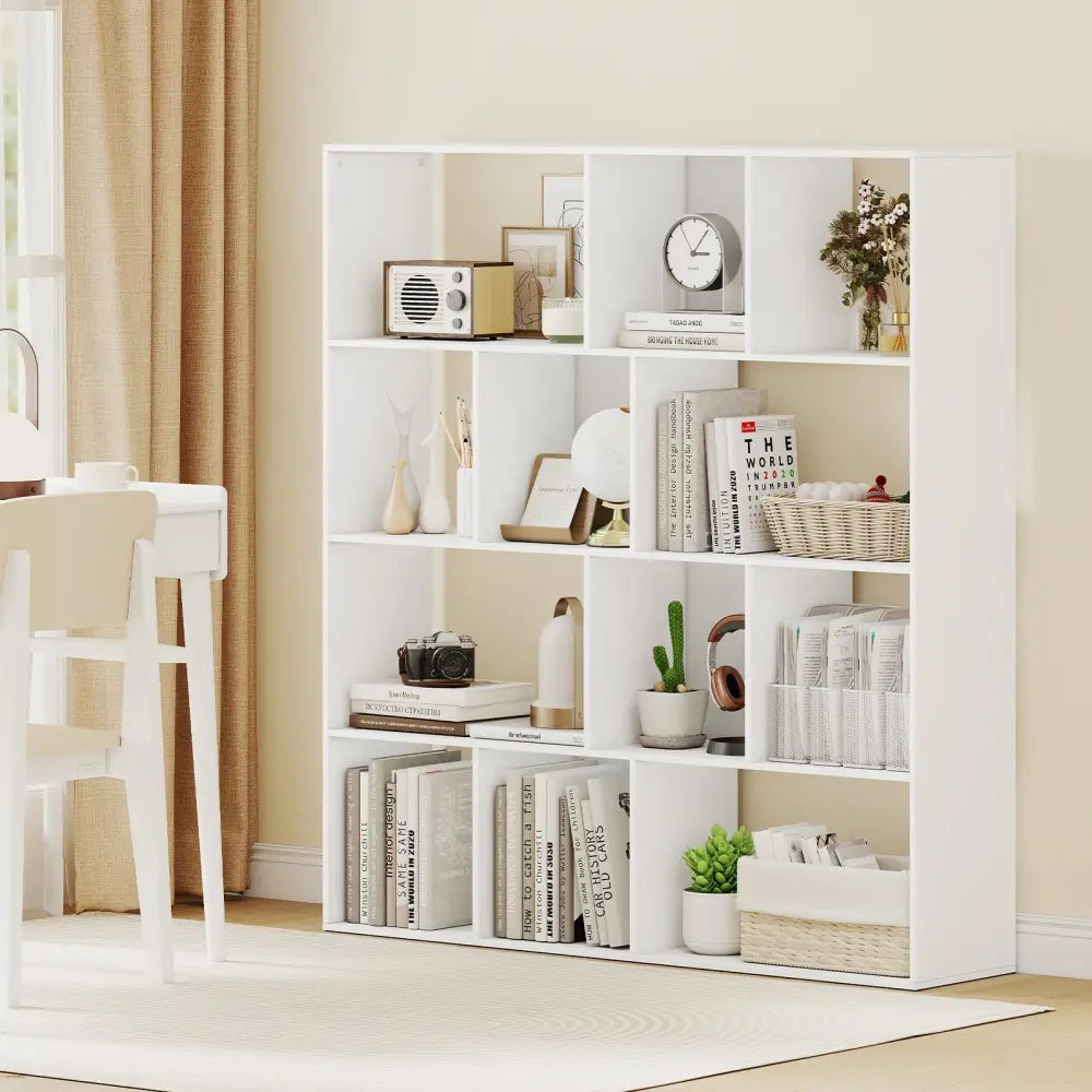 Open Shelf Bookcase 4-Tier Modern Bookshelf with 12 Storage Compartments-White - White - Bookcases