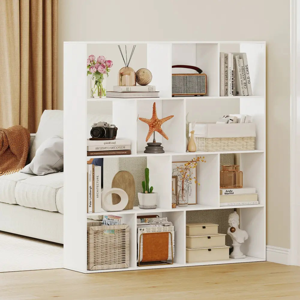 Open Shelf Bookcase 4-Tier Modern Bookshelf with 12 Storage Compartments-White - White - Bookcases