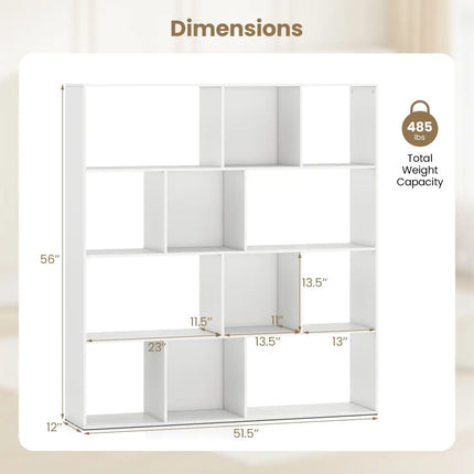 Open Shelf Bookcase 4-Tier Modern Bookshelf with 12 Storage Compartments-White - White - Bookcases