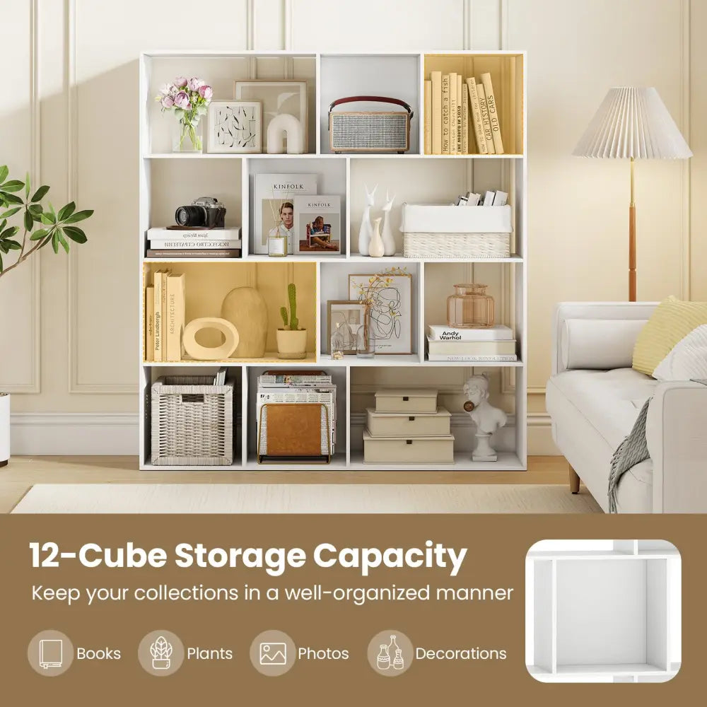 Open Shelf Bookcase 4-Tier Modern Bookshelf with 12 Storage Compartments-White - White - Bookcases
