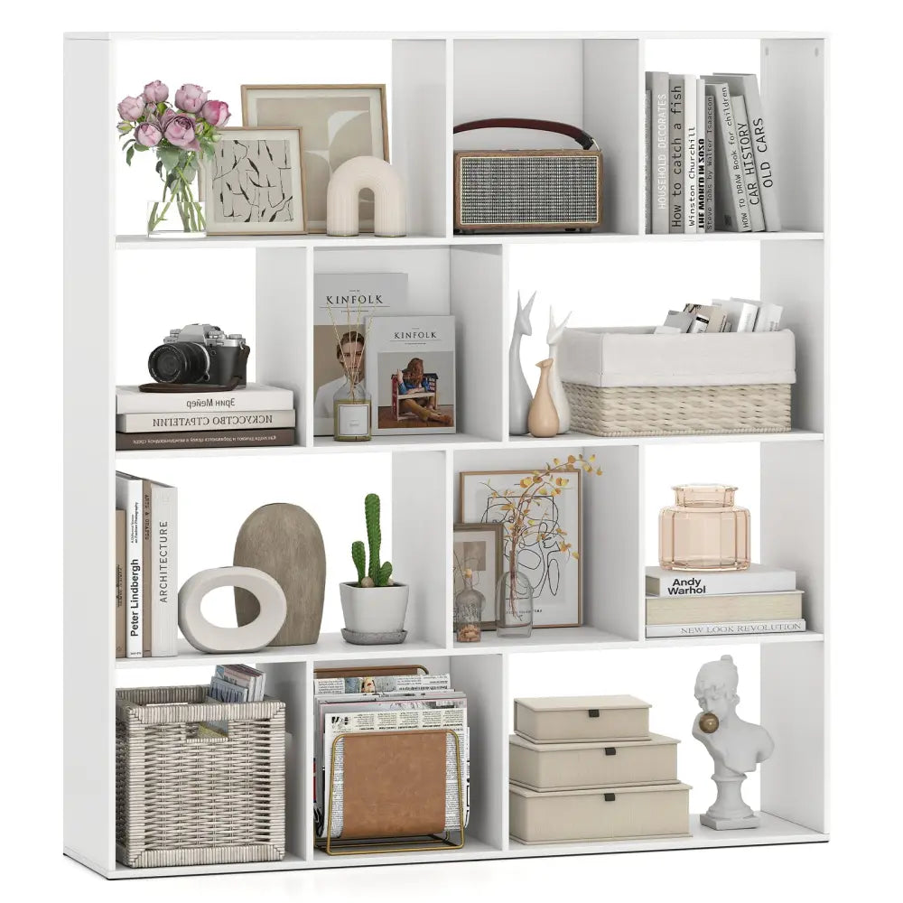 Open Shelf Bookcase 4-Tier Modern Bookshelf with 12 Storage Compartments-White - White - Bookcases