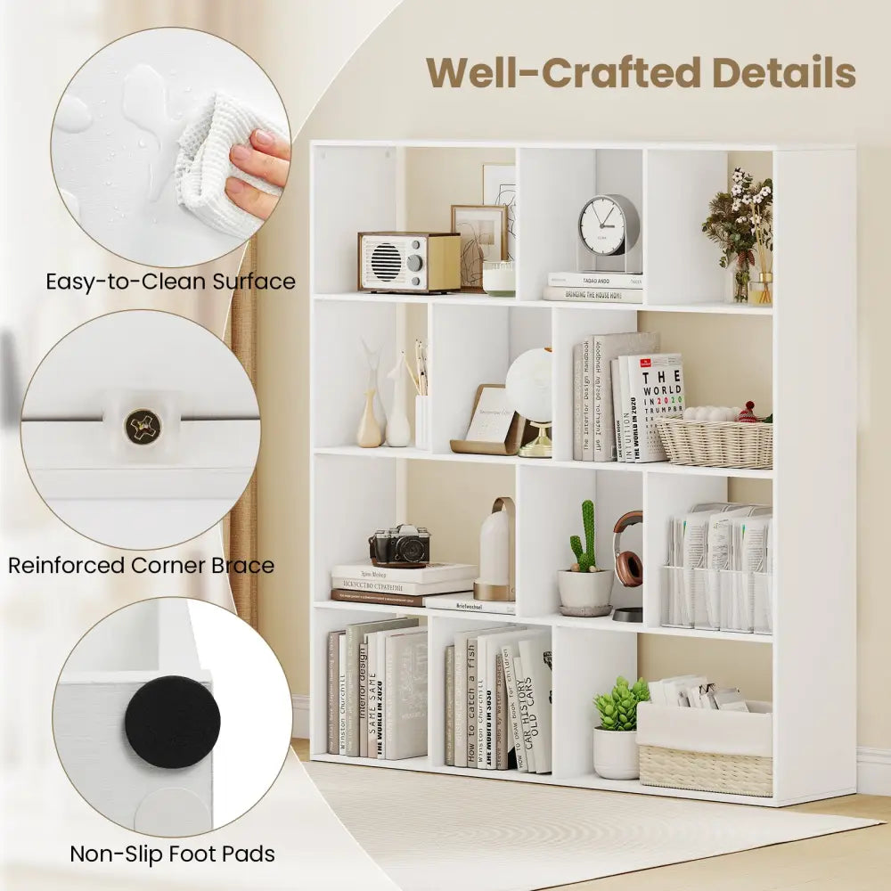 Open Shelf Bookcase 4-Tier Modern Bookshelf with 12 Storage Compartments-White - White - Bookcases