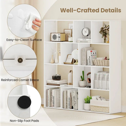 Open Shelf Bookcase 4-Tier Modern Bookshelf with 12 Storage Compartments-White - White - Bookcases