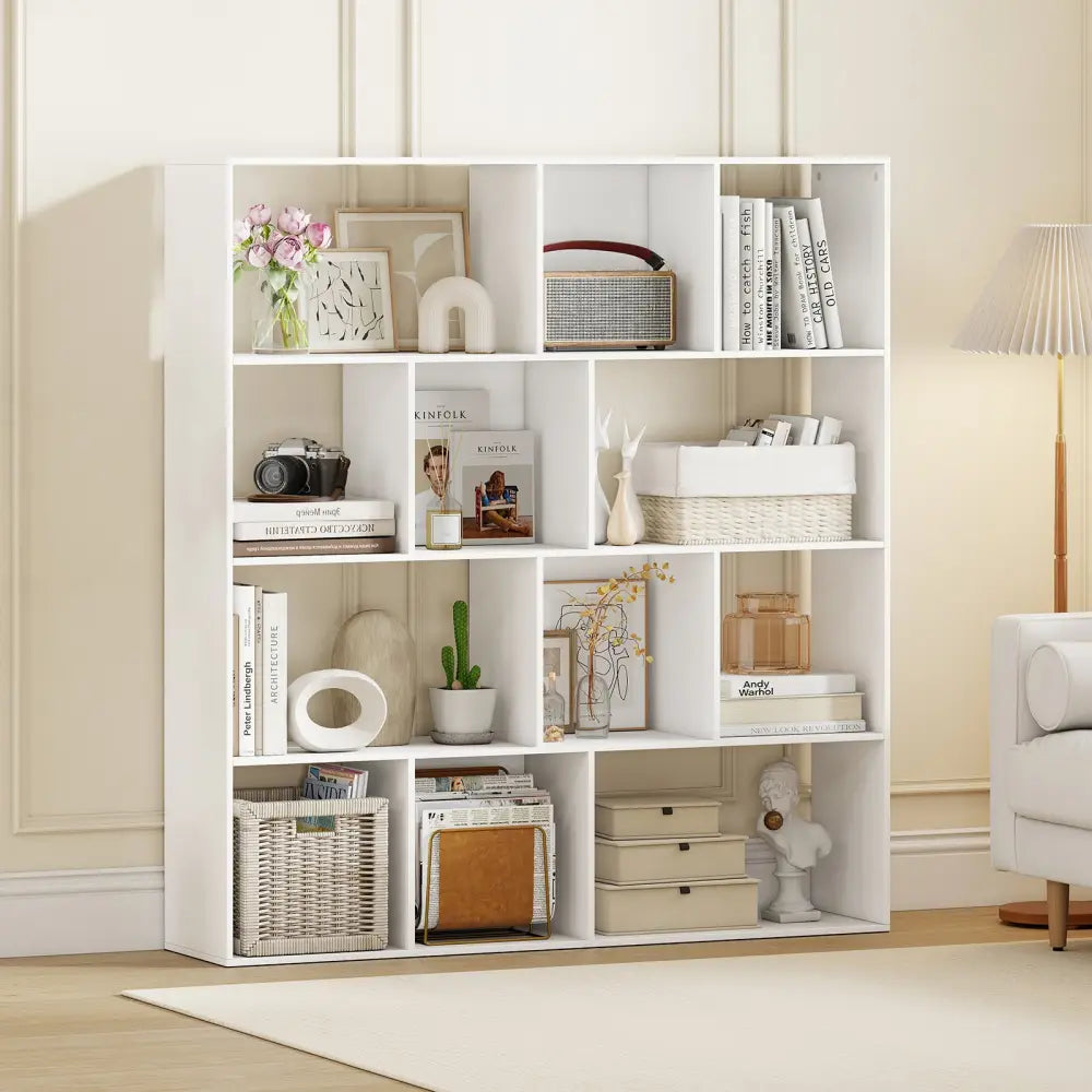 Open Shelf Bookcase 4-Tier Modern Bookshelf with 12 Storage Compartments-White - White - Bookcases