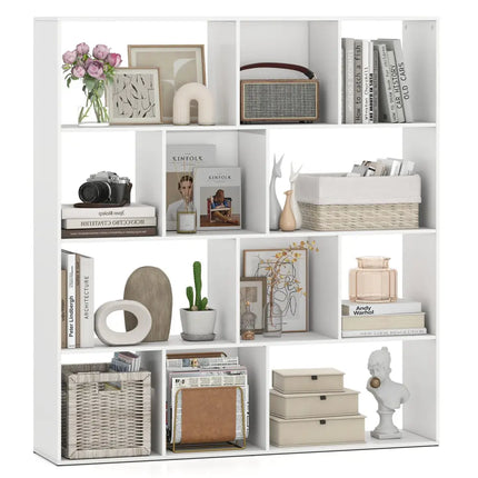 Open Shelf Bookcase 4-Tier Modern Bookshelf with 12 Storage Compartments-White - White - Bookcases