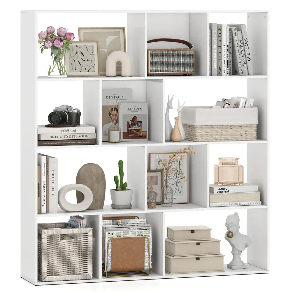 Open Shelf Bookcase 4-Tier Modern Bookshelf with 12 Storage Compartments-White - White - Bookcases