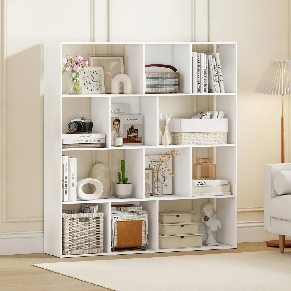 Open Shelf Bookcase 4-Tier Modern Bookshelf with 12 Storage Compartments-White - White - Bookcases