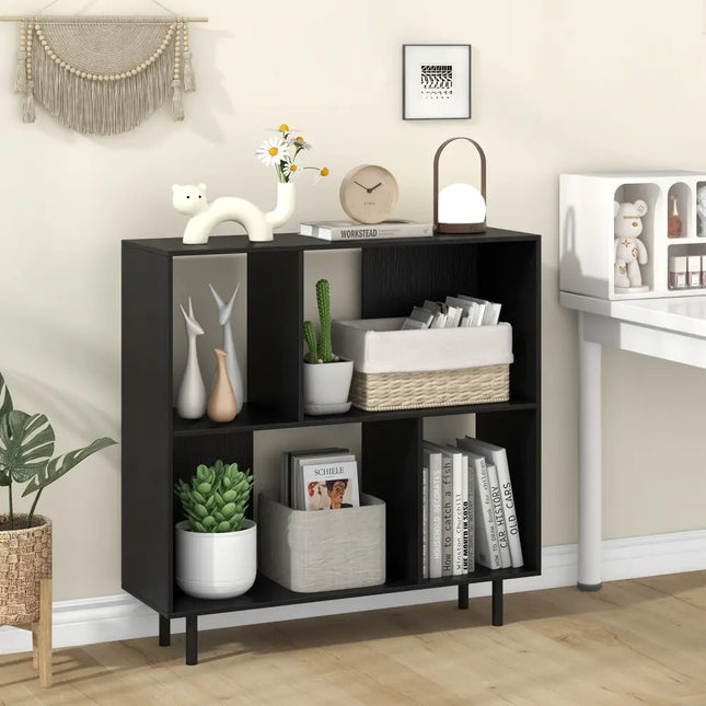 Open Shelf Bookcase with 4 Compartments-Black - Black - Bookcases