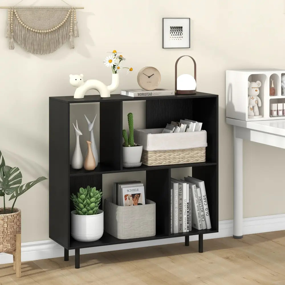 Open Shelf Bookcase with 4 Compartments-Black - Black - Bookcases