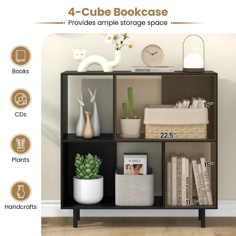 Open Shelf Bookcase with 4 Compartments-Black - Black - Bookcases