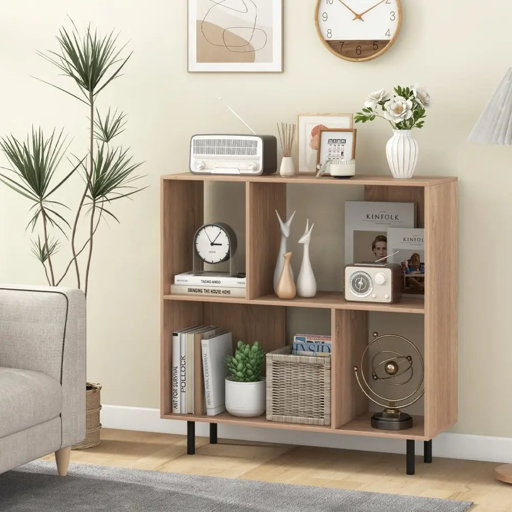 Open Shelf Bookcase with 4 Compartments-Natural - Natural - Bookcases