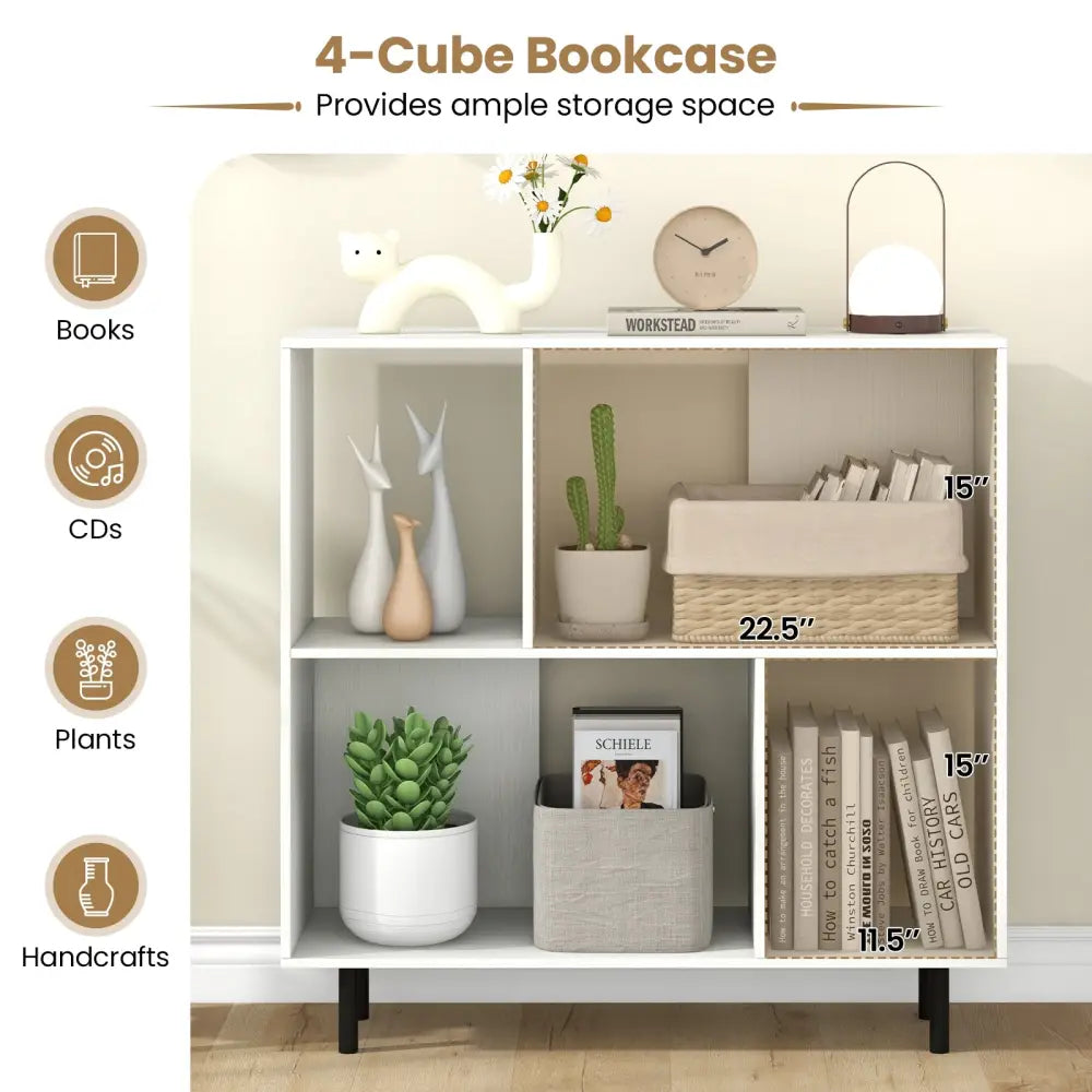 Open Shelf Bookcase with 4 Compartments-White - White - Bookcases