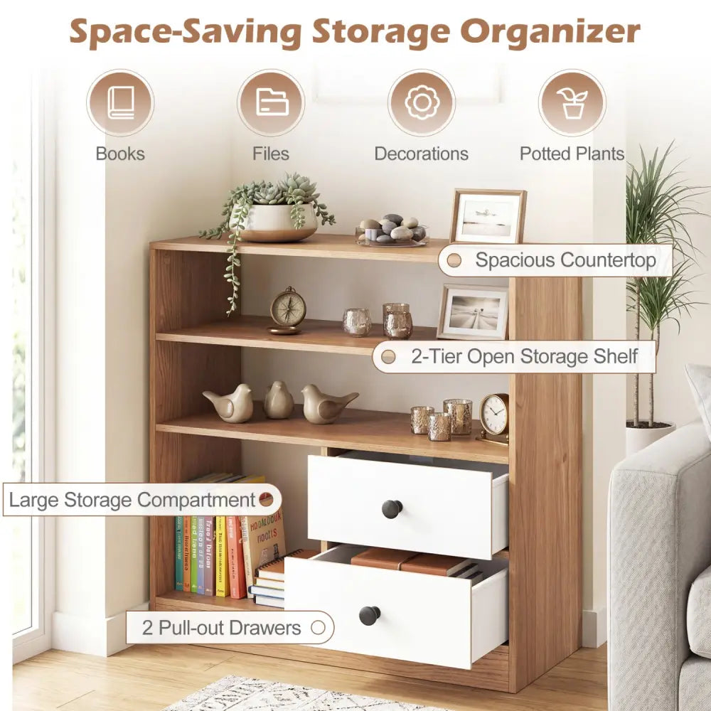 Open Storage Cabinet with 3 Open Compartments and 2 Drawer-Natural - Natural - Console Tables