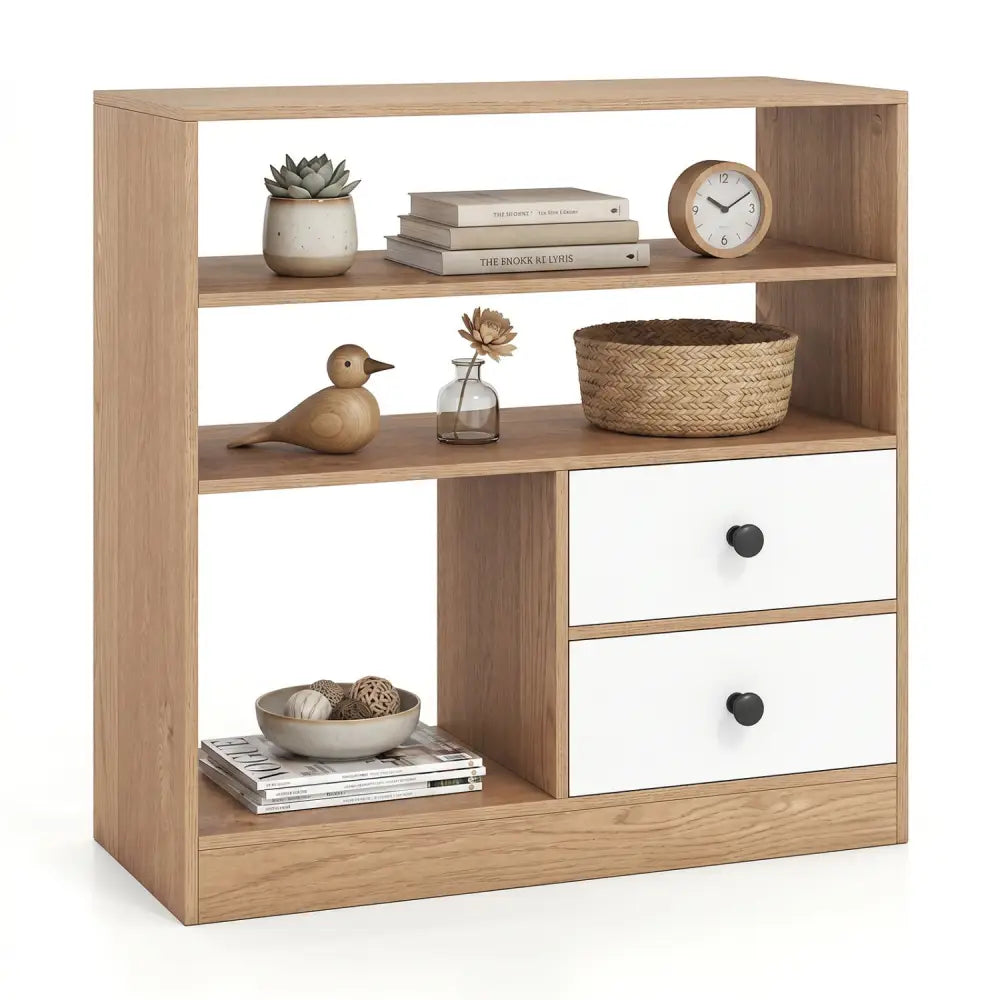 Open Storage Cabinet with 3 Open Compartments and 2 Drawer-Natural - Natural - Console Tables