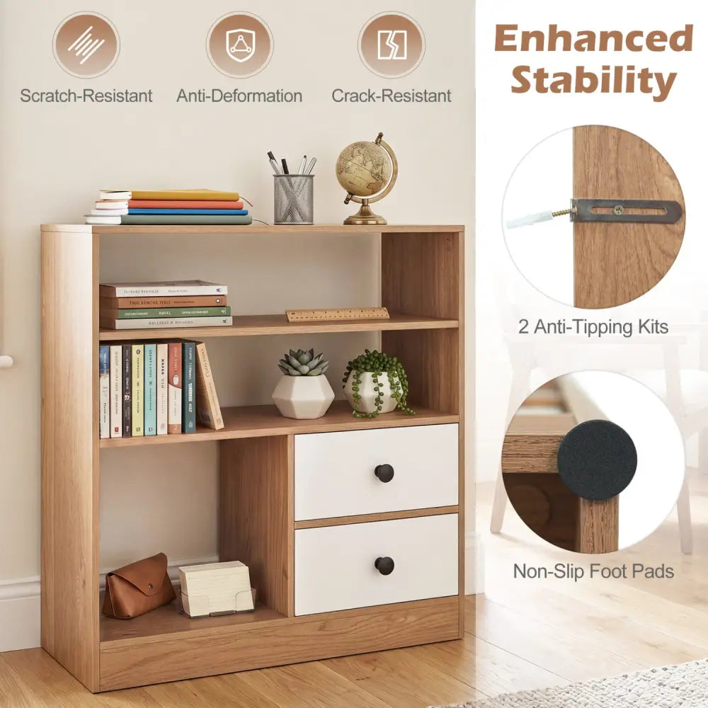 Open Storage Cabinet with 3 Open Compartments and 2 Drawer-Natural - Natural - Console Tables