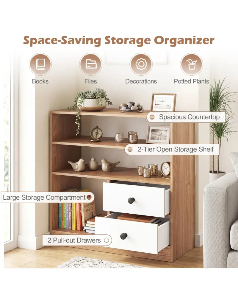 Open Storage Cabinet with 3 Open Compartments and 2 Drawer-Natural - Natural - Console Tables