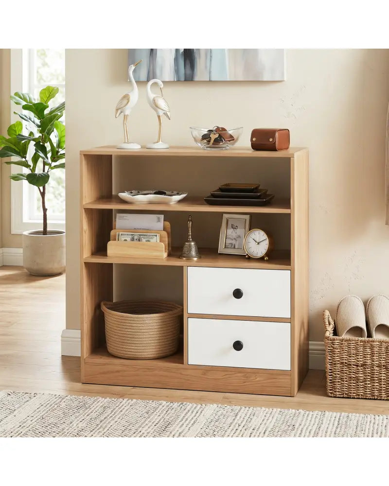 Open Storage Cabinet with 3 Open Compartments and 2 Drawer-Natural - Natural - Console Tables