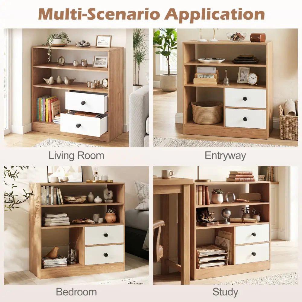 Open Storage Cabinet with 3 Open Compartments and 2 Drawer-Natural - Natural - Console Tables