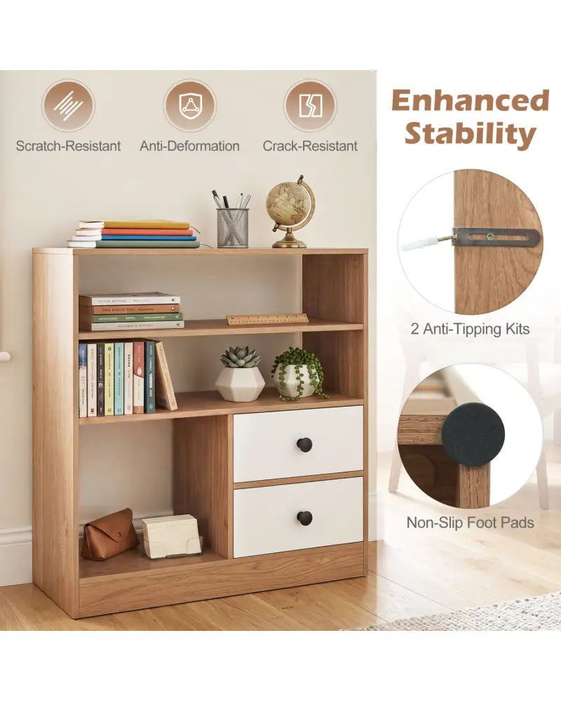 Open Storage Cabinet with 3 Open Compartments and 2 Drawer-Natural - Natural - Console Tables