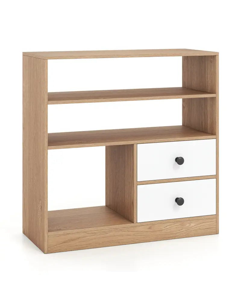 Open Storage Cabinet with 3 Open Compartments and 2 Drawer-Natural - Natural - Console Tables