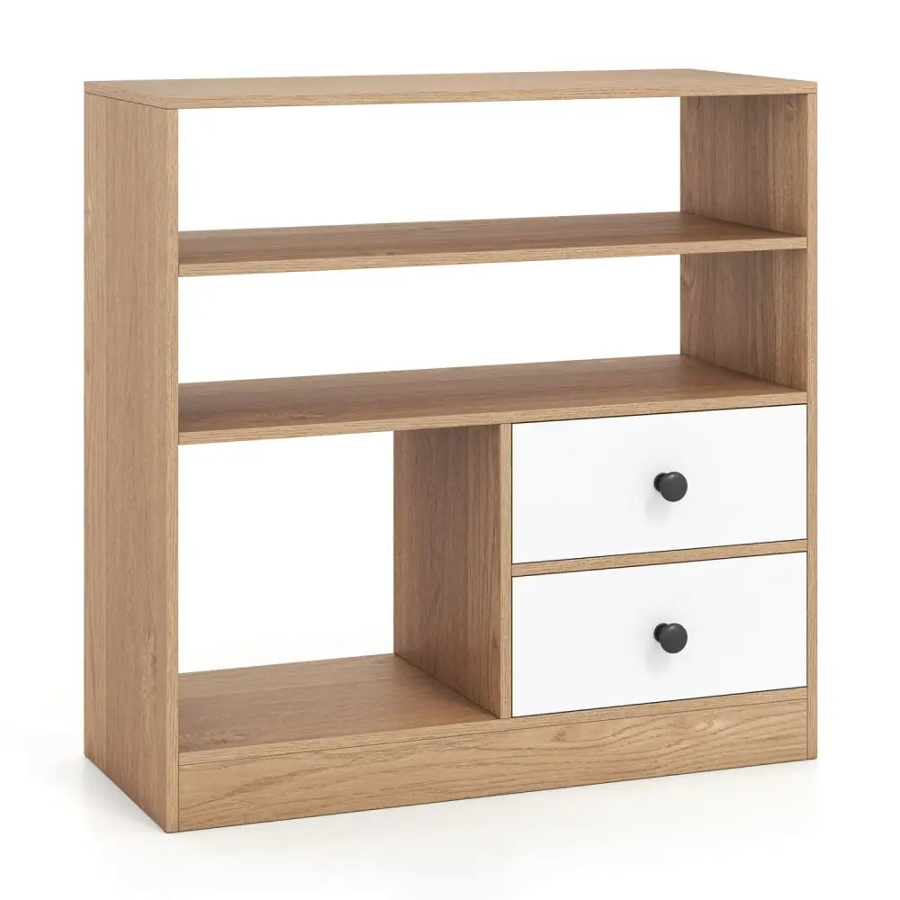 Open Storage Cabinet with 3 Open Compartments and 2 Drawer-Natural - Natural - Console Tables