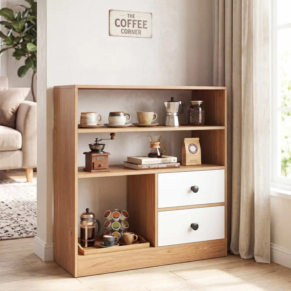 Open Storage Cabinet with 3 Open Compartments and 2 Drawer-Natural - Natural - Console Tables