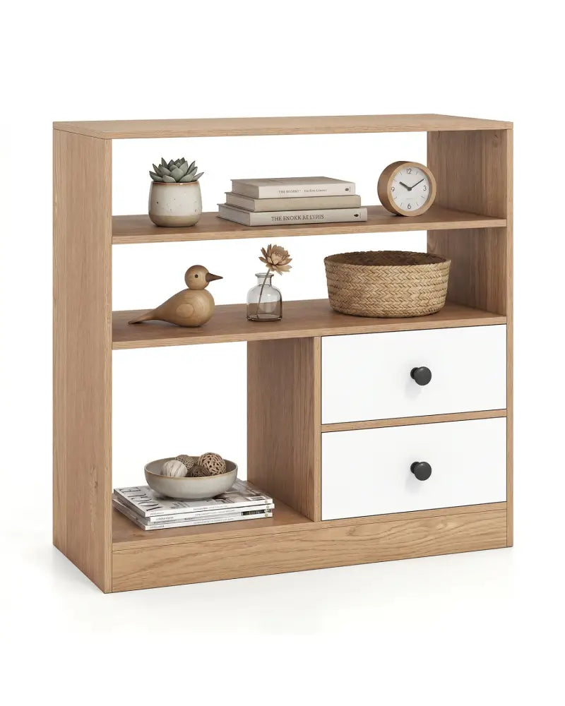 Open Storage Cabinet with 3 Open Compartments and 2 Drawer-Natural - Natural - Console Tables