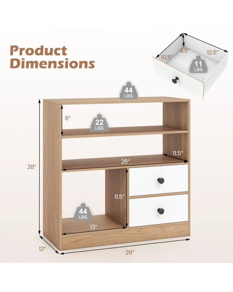 Open Storage Cabinet with 3 Open Compartments and 2 Drawer-Natural - Natural - Console Tables