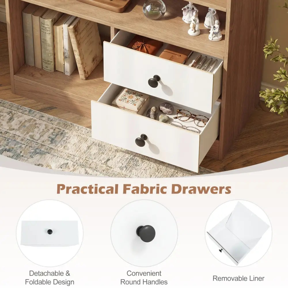 Open Storage Cabinet with 3 Open Compartments and 2 Drawer-Natural - Natural - Console Tables