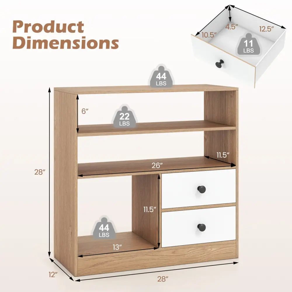 Open Storage Cabinet with 3 Open Compartments and 2 Drawer-Natural - Natural - Console Tables