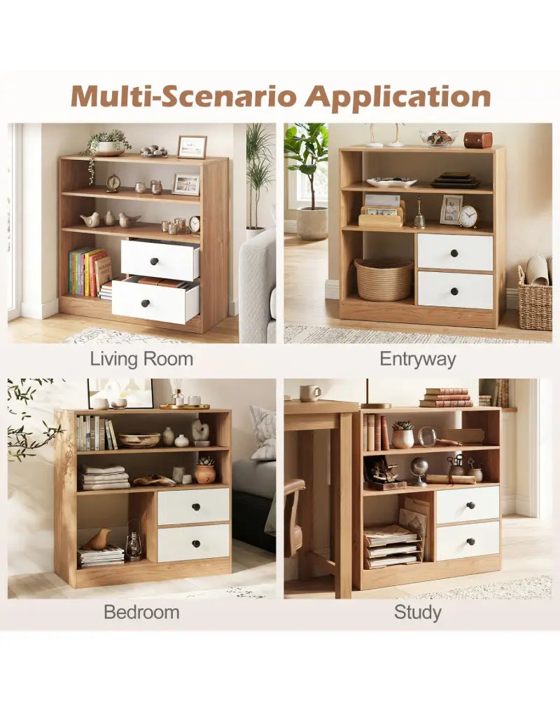 Open Storage Cabinet with 3 Open Compartments and 2 Drawer-Natural - Natural - Console Tables