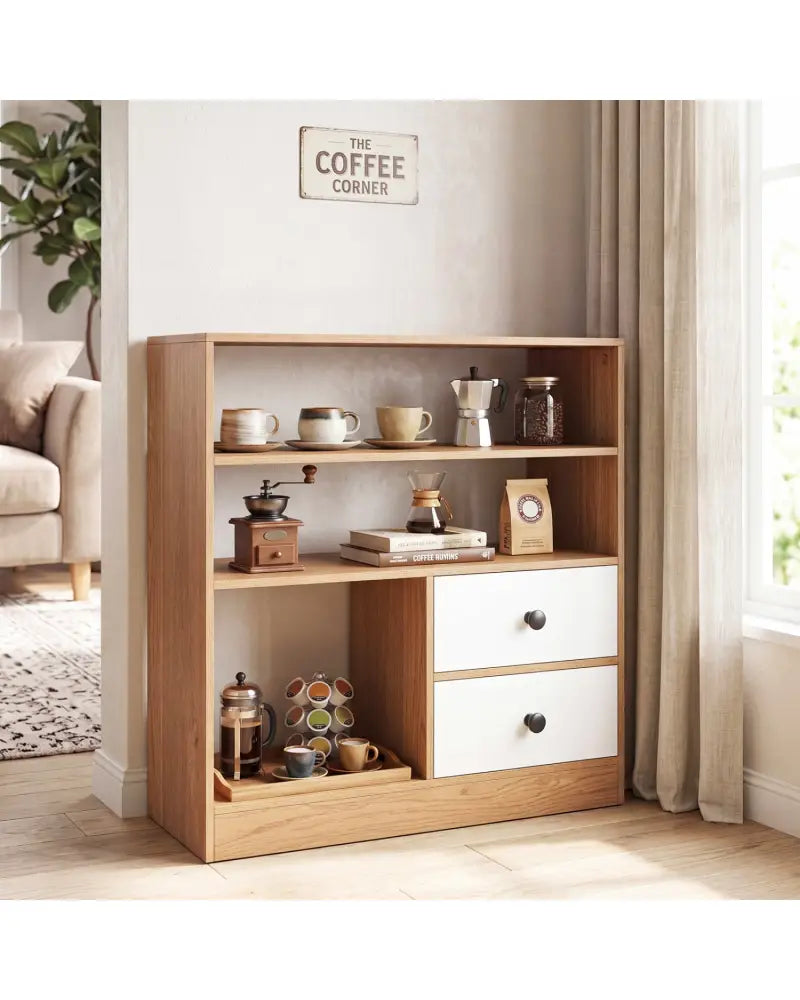 Open Storage Cabinet with 3 Open Compartments and 2 Drawer-Natural - Natural - Console Tables