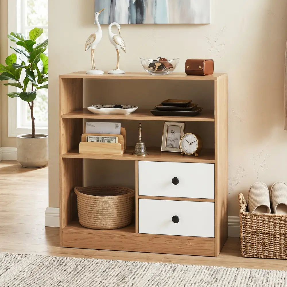 Open Storage Cabinet with 3 Open Compartments and 2 Drawer-Natural - Natural - Console Tables