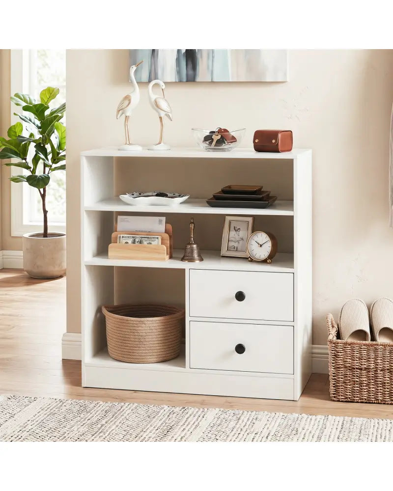 Open Storage Cabinet with 3 Open Compartments and 2 Drawer-White - White - Console Tables