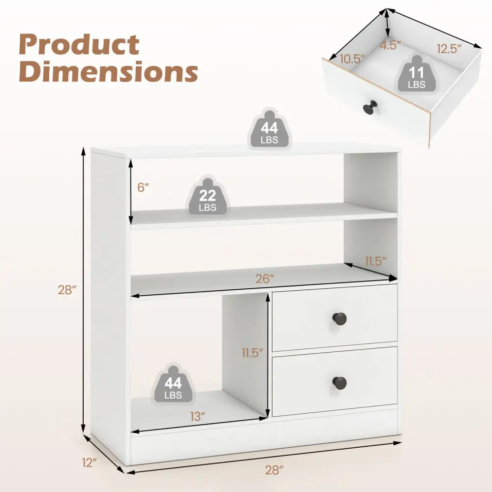 Open Storage Cabinet with 3 Open Compartments and 2 Drawer-White - White - Console Tables