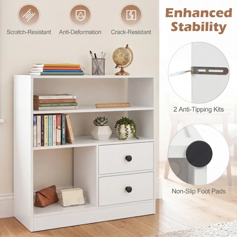 Open Storage Cabinet with 3 Open Compartments and 2 Drawer-White - White - Console Tables
